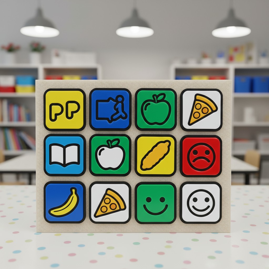 A square made up of 12 smaller squares of varying colors, each with a different menu item, food, or object. The items are ...