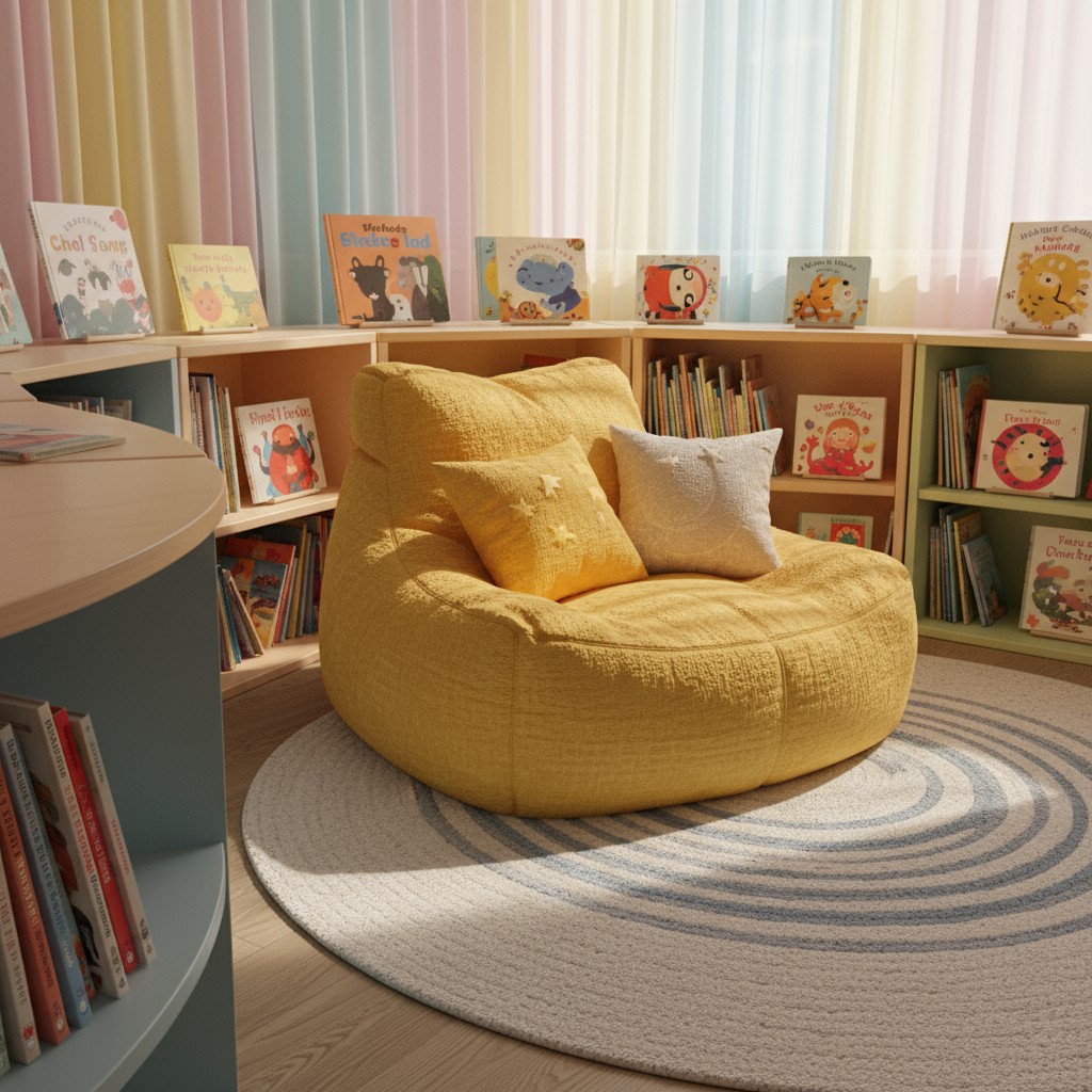 A colorful children's library with a yellow bean bag chair, a circular bookshelf, and a large pillowy chair.