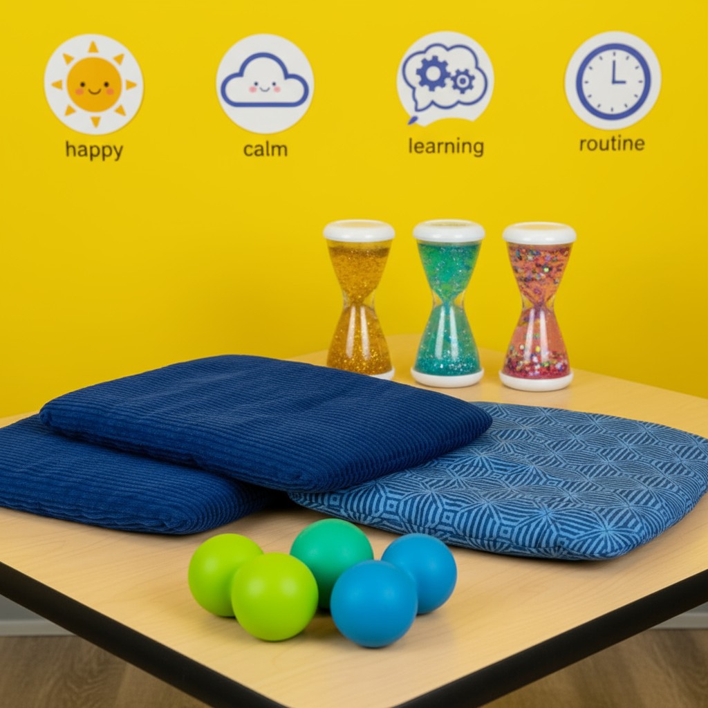 A table with a blanket, balls, and hourglasses.
